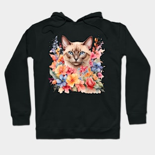 A tonkinese cat decorated with beautiful watercolor flowers Hoodie